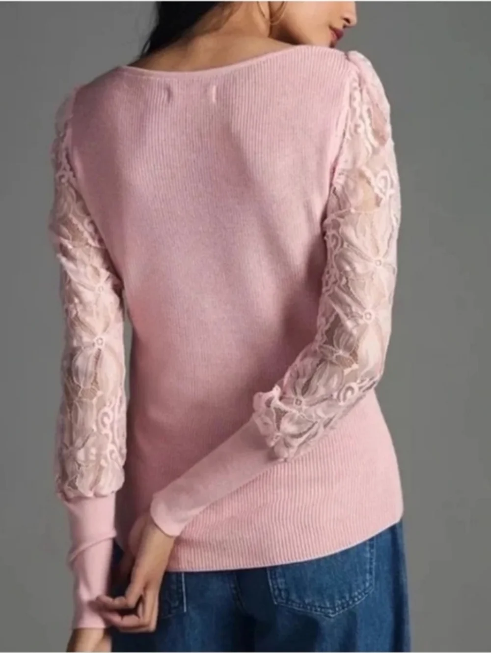 NEW Anthropologie Pink Sweater Ribbed Sweetheart Neckline Lace Sleeve Size Small
